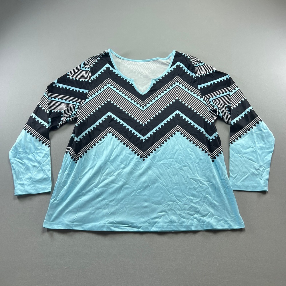 Womens Blouse Top 2XL Blue Black Chevron Geometric Stretch Long Sleeve V Neck
